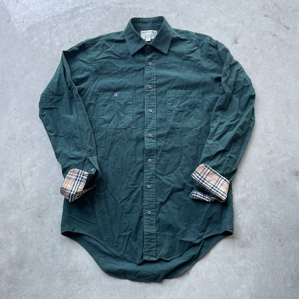 Vintage Burberry's Button Up Collared Dress Shirt Men's M Green Nova Check Cuff